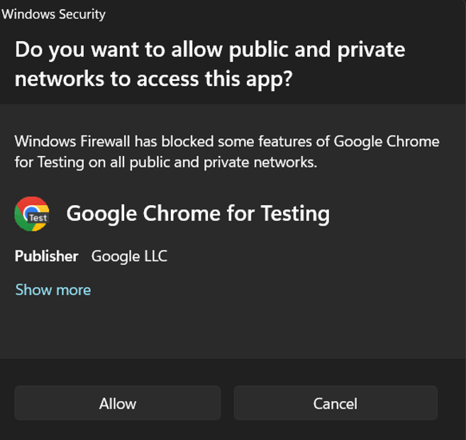 Het venster Windows-beveiliging met de vraag of openbare en privénetwerken toegang mogen tot Google Chrome for Testing, met onderaan de knoppen Toestaan en Annuleren